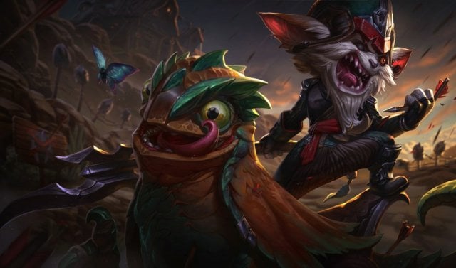 Kled and Skarrl stand in the midst of a battle.