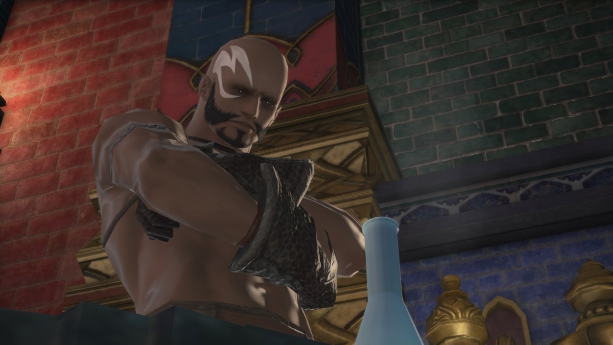 A screenshot of a bald character crossing his arms in FFXIV.