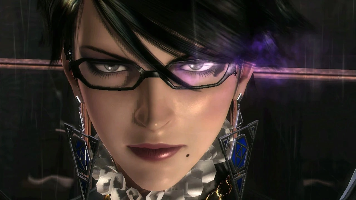 A close-up of Bayonetta in Bayoetta 3