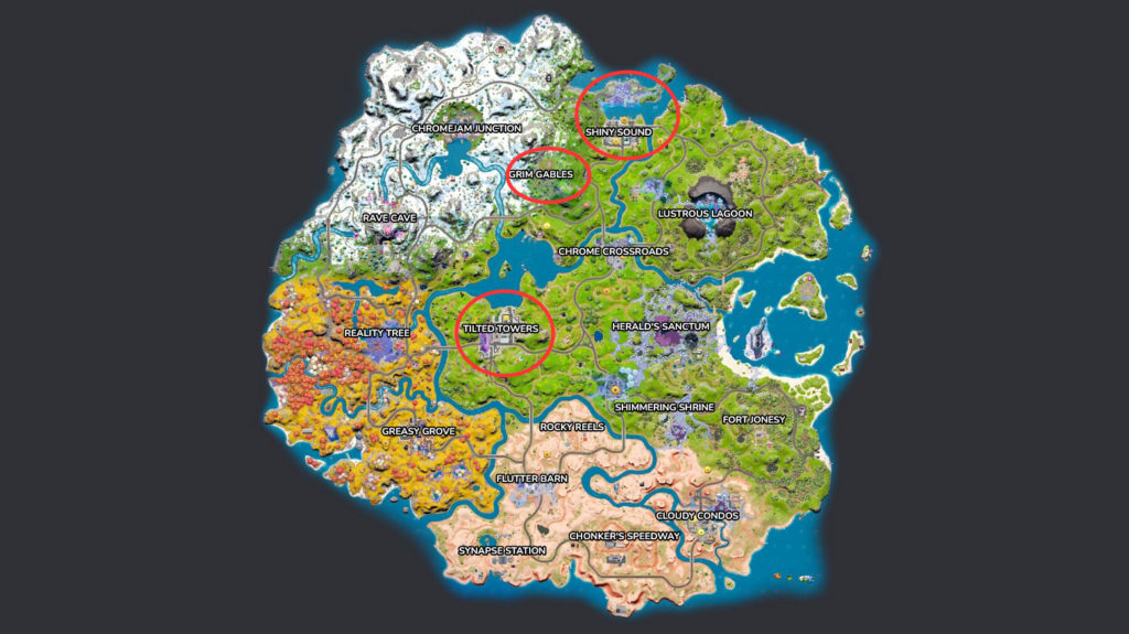 A screengrab of Fortnite's map with Grim Gables, Shiny Sound, and Tilted Towers circled