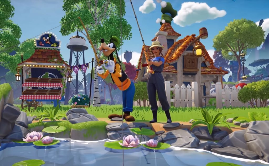 Characters from Disney Dreamlight Valley stand by a river fishing.