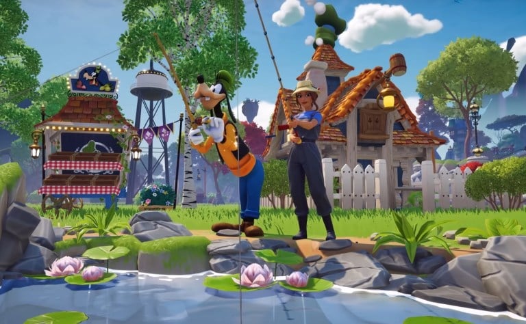 Characters from Disney Dreamlight Valley stand by a river fishing.