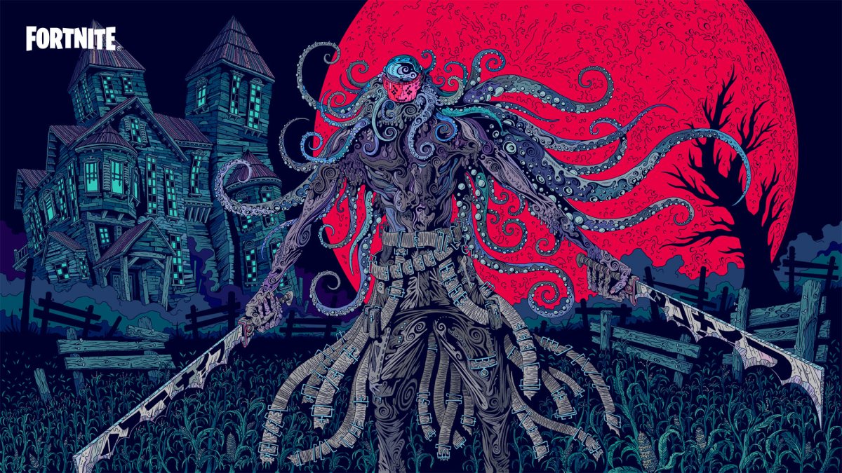 A promotional art image showing a man with a squid for a head with tentacles spreading wildly against a large red moon