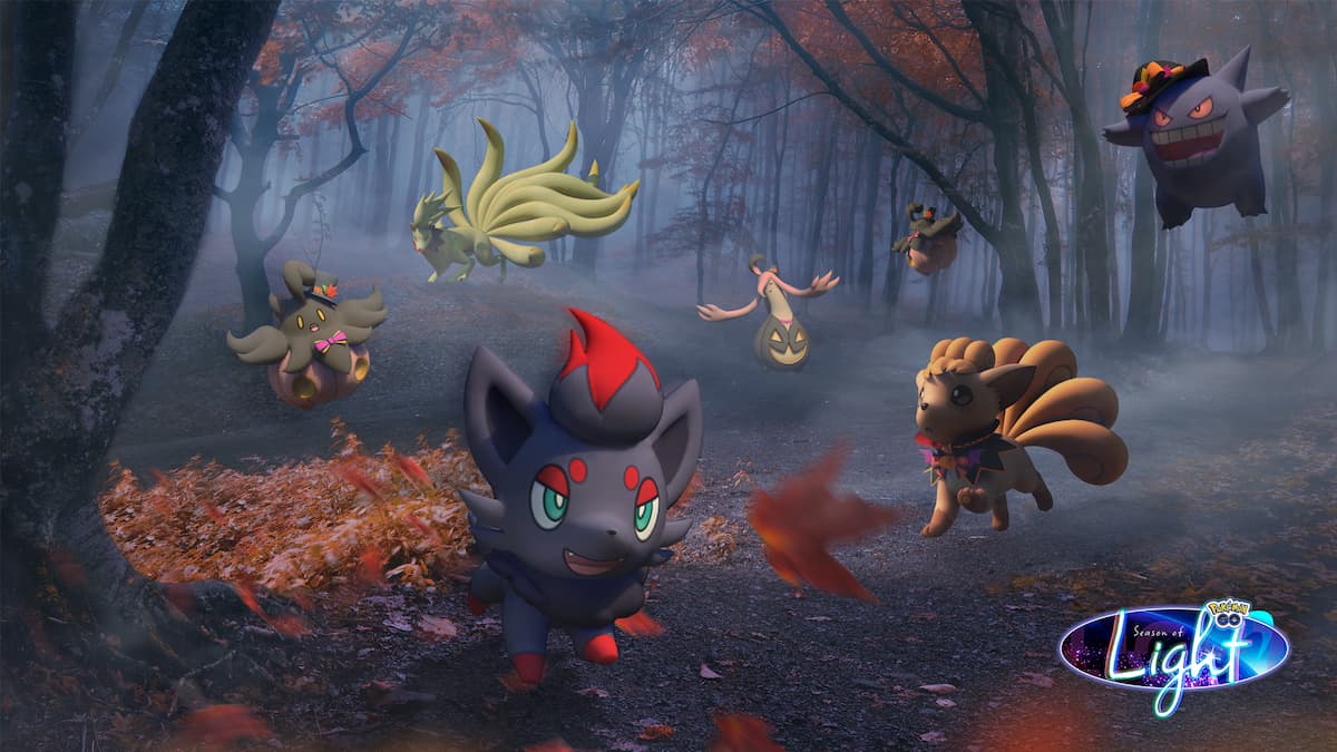 A series of black and orange Pokemon run through a foggy autumn forest, with some floating above others.