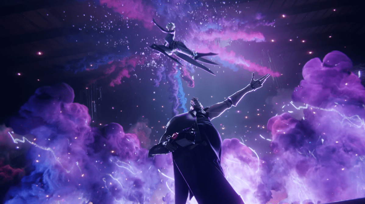 Screengrab of Camille descending on Jhin from above a stage in the League Awaken cinematic.