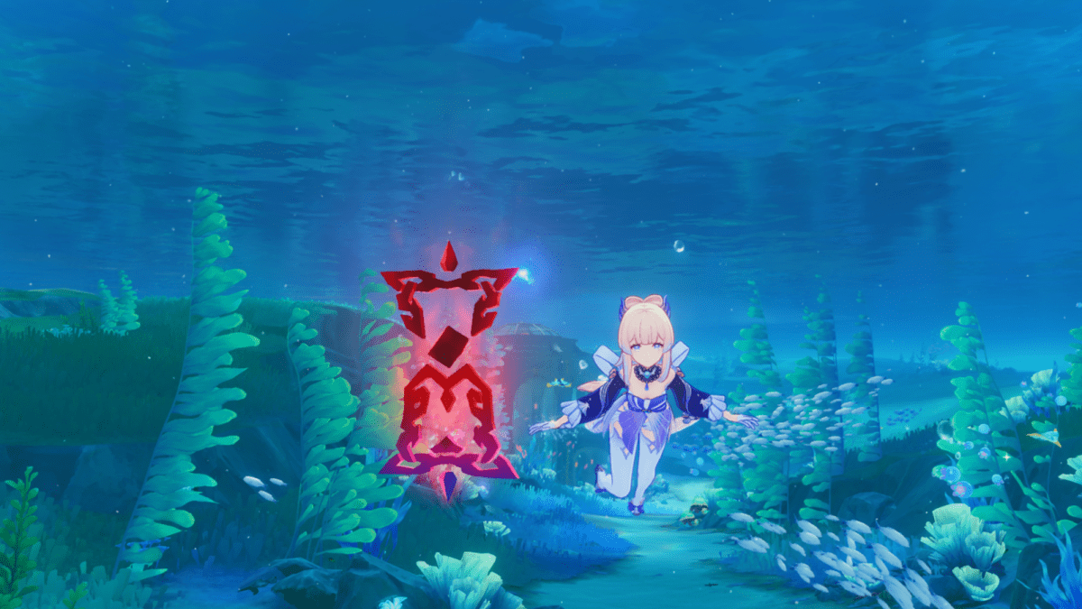 Kokomi floatinfg next to a Time Trial marker underwater in Fontaine.