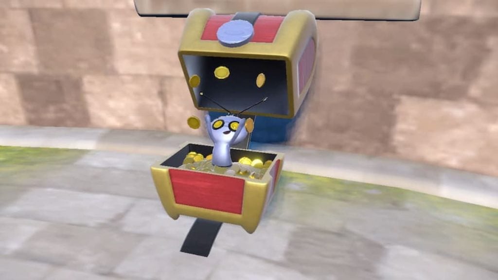 Gimmighoul throwing coins around in its chest in Pokémon Scarlet and Violet.