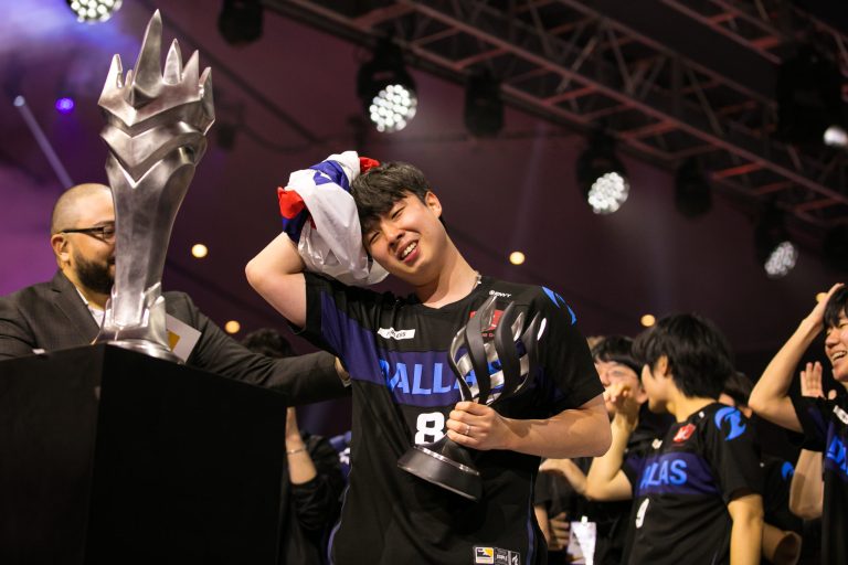 The Dallas Fuel celebrate their Overwatch League championship.