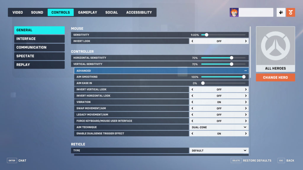 The Overwatch 2 controller settings menu.