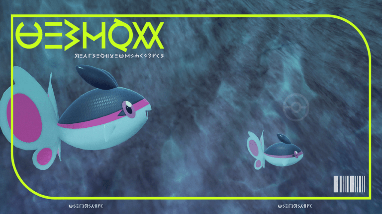 The Pokédex image of two Finneon swimming near a large underwater rock from Pokémon Scarlet and Violet.