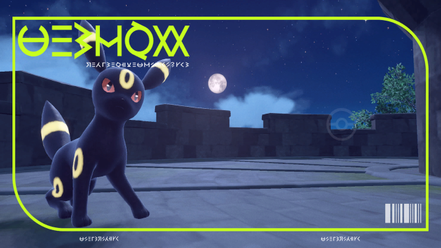 Umbreon's pokedex photo from Scarlett and Violet with Umbreon atop a castle looking structure.