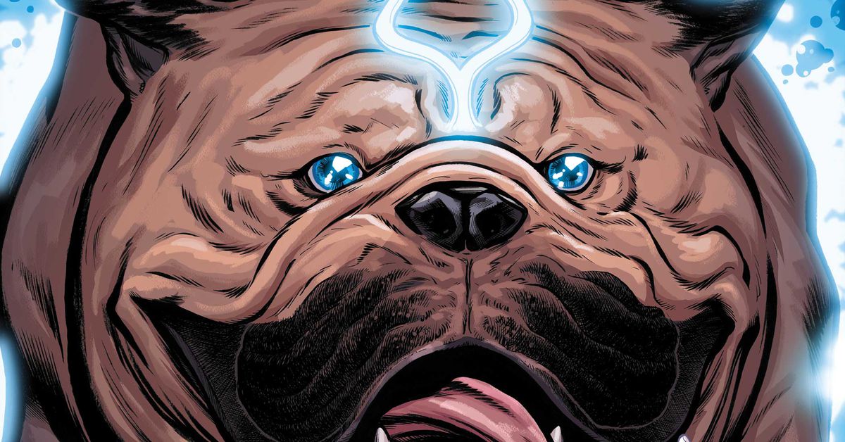 Close up artwork of Marvel's Lockjaw from Marvel Snap.