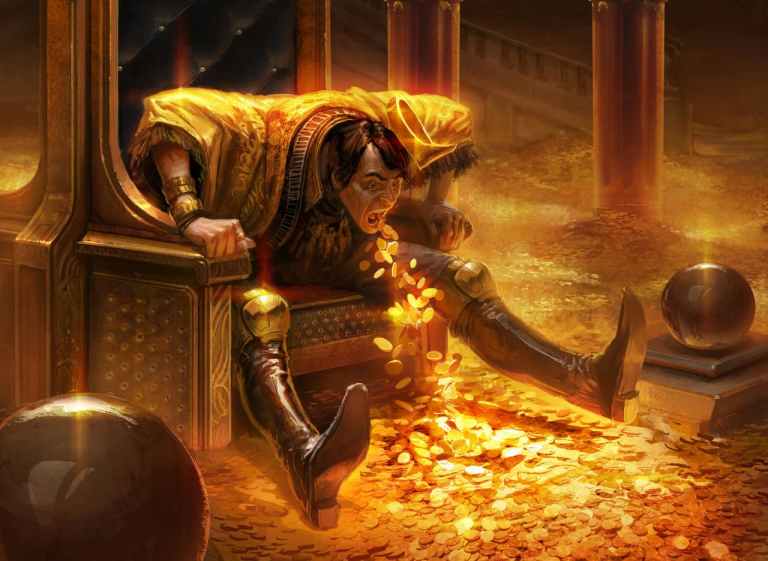 A man on a throne spits out golden coins, surrounded by a room full of the same coins.