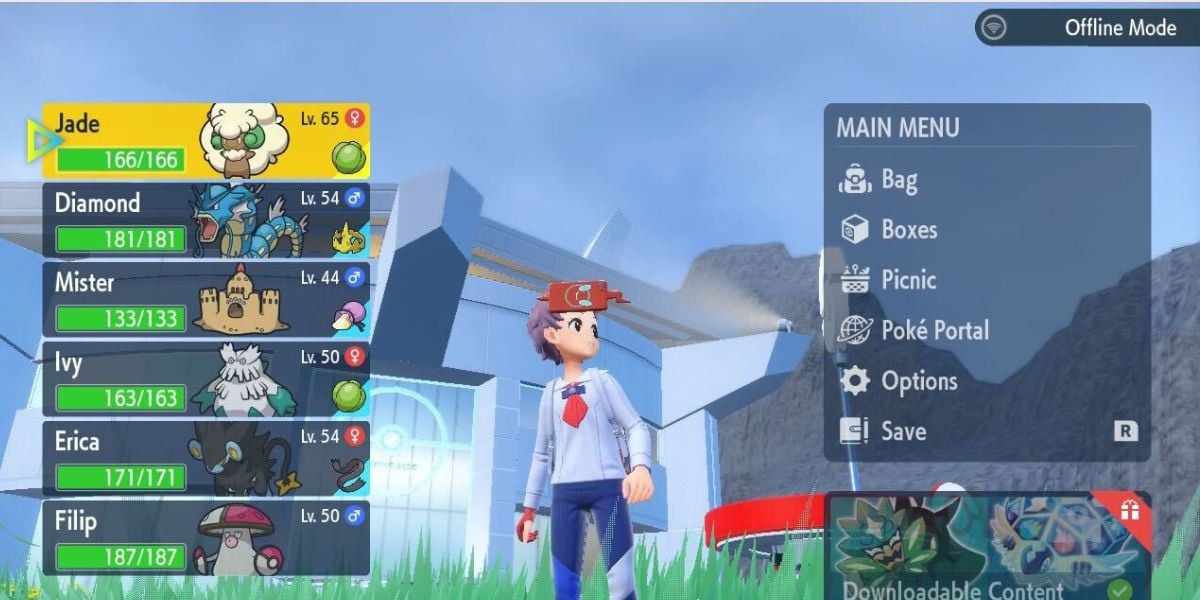 Pokemon Scarlet & Violet character standing outside the Pokémon League with the menu and party showing.