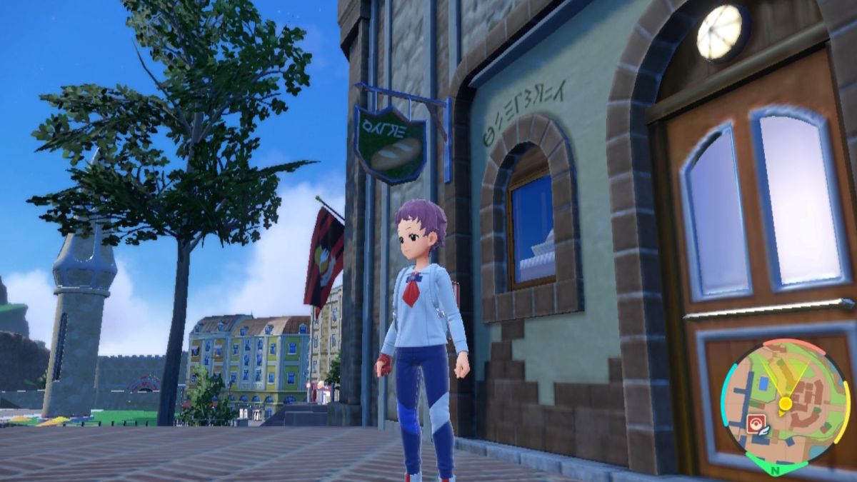 Player character standing outside of a sandwich supply shop in Mesagoza in Pokémon Scarlet and Violet.