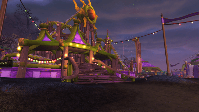 Festival colors and lights hang from orange, purple, and green carousel at Darkmoon Faire in WoW