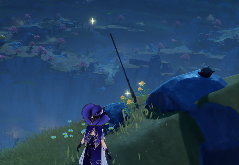 Screenshot of a player in Genshin impact looking over a cliff and a star.