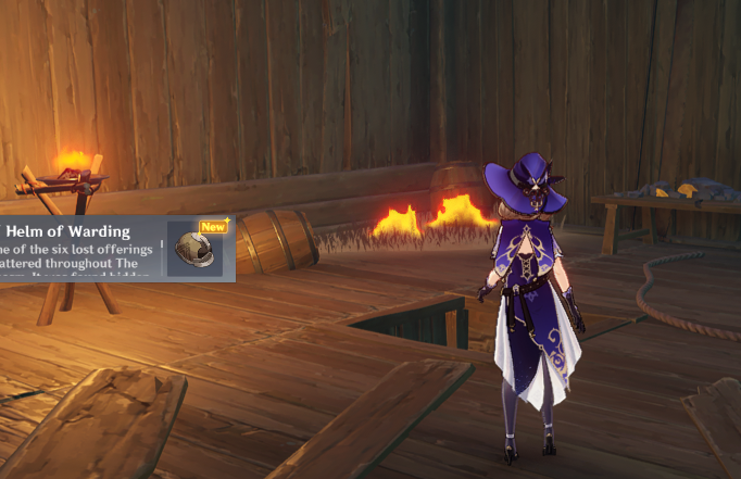 Screenshot of a player in Genshin impact in a wooden house with fire.