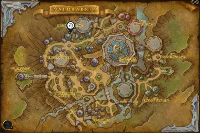 Map of Valdrakken, showing where to turn in Ancient Vault Artifact.