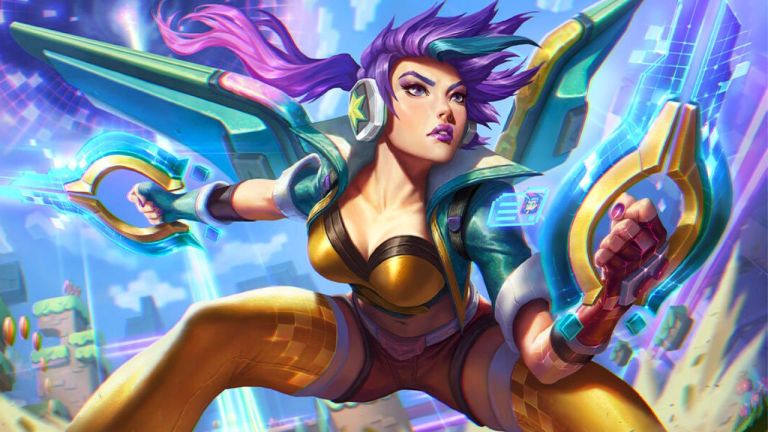 Woman with hair tied up wearing gold armor and two guns in her hands in League of Legends.