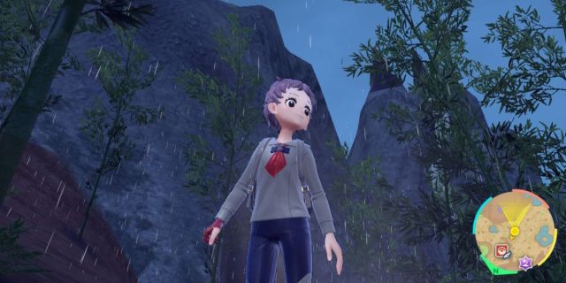 Pokémon player character in Scarlet in a rainy forest with bamboo.