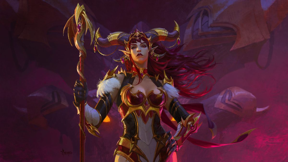 A promotional image featuring Alexstrasza in her human form in WoW Dragonflight.
