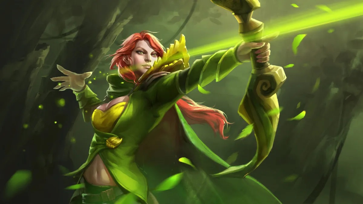 Windranger lining up a shot in a Dota 2 promotional image.