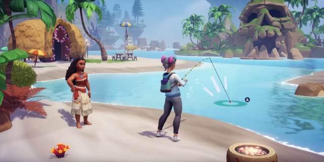 Woman fishing on Dazzle Beach with Moana in Disney Dreamlight Valley