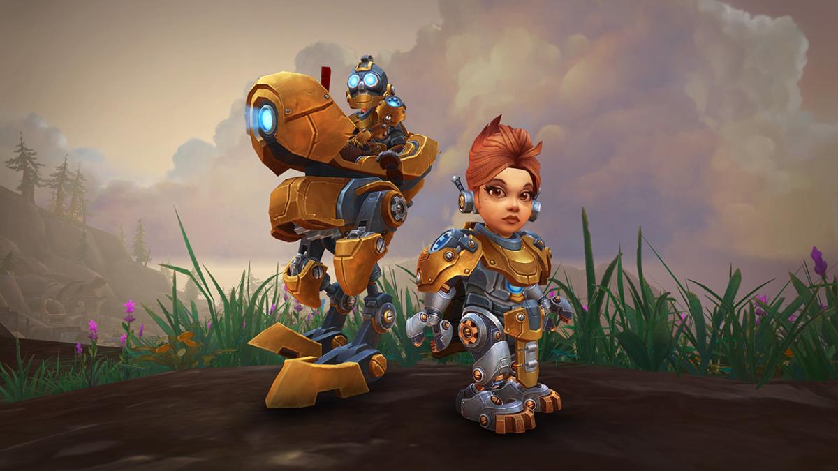 Two Mechagnomes: one standing and the other one sitting on their race mount