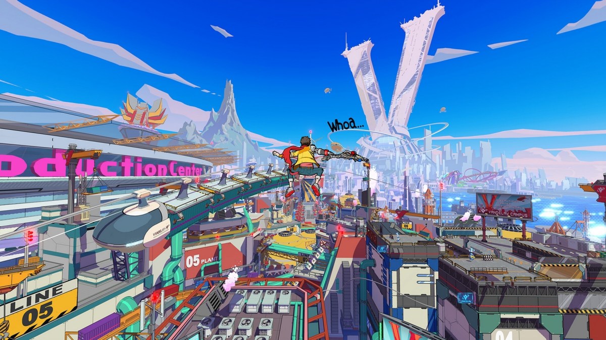 Protagonist Chain zipping across the futuristic city setting of Hi-Fi Rush