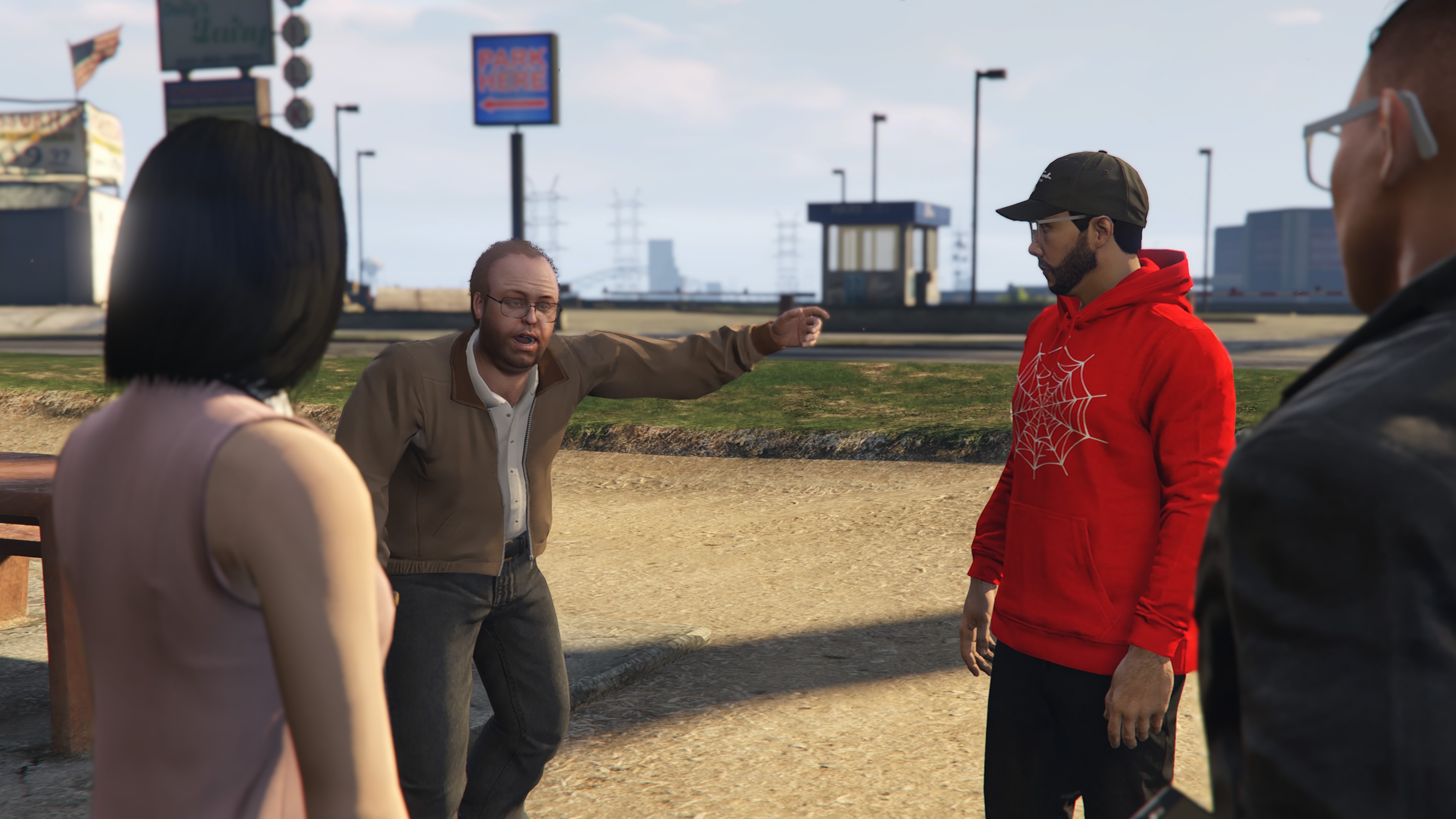 GTA Online Diamond Casino Heist intro cutscene with four characters talking in a park