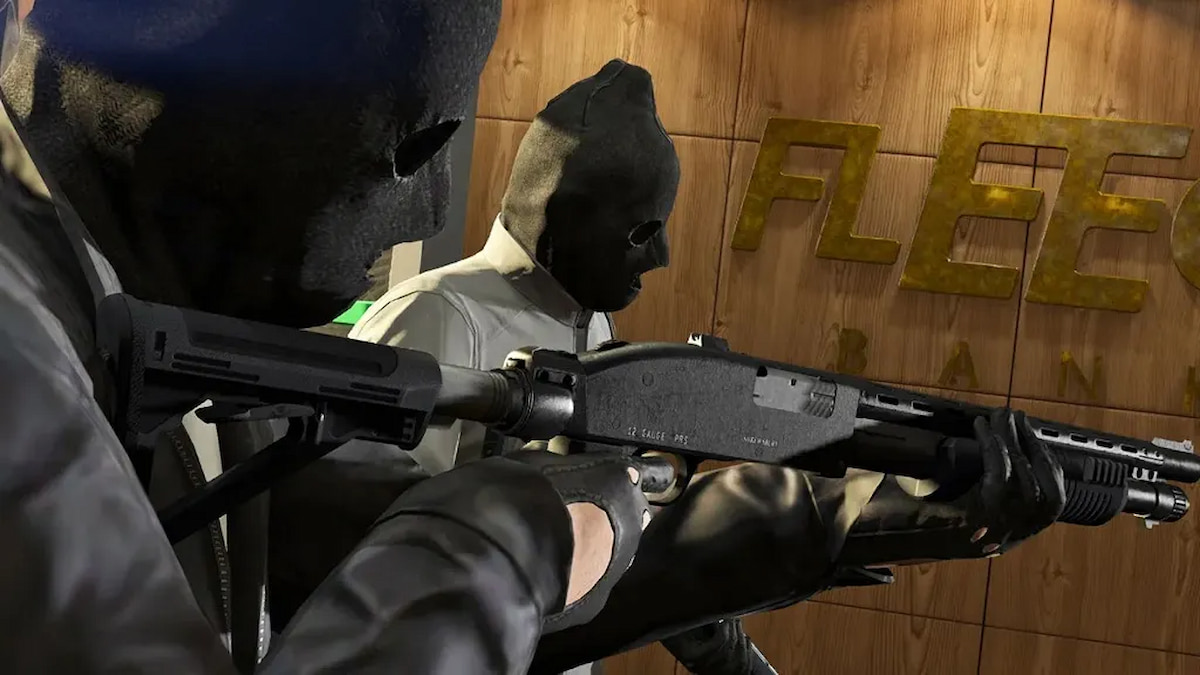 GTA Online two bank robbers entering a Fleeca Bank with a shotgun