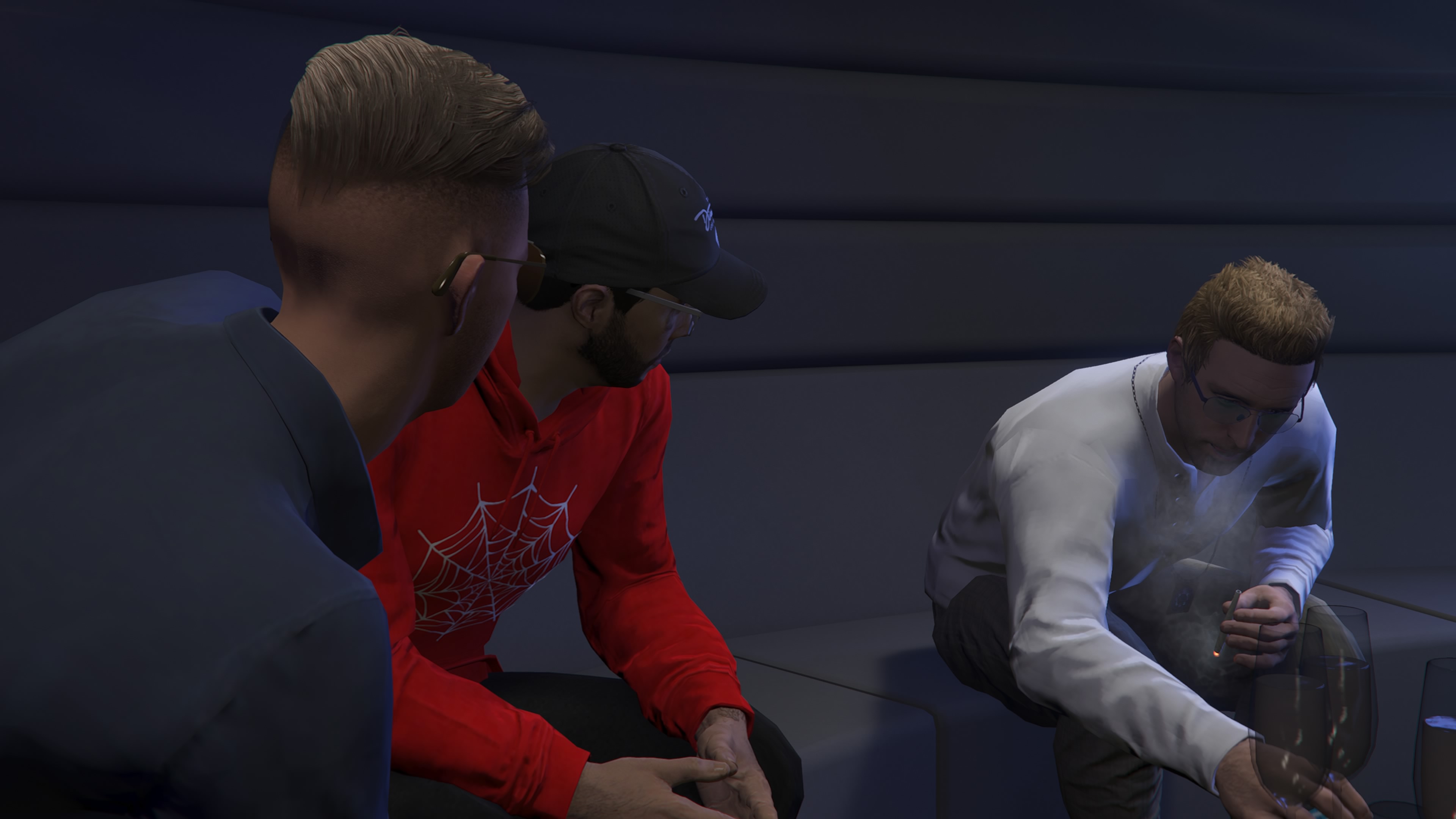 GTA Online three characters having a conversation in the night club