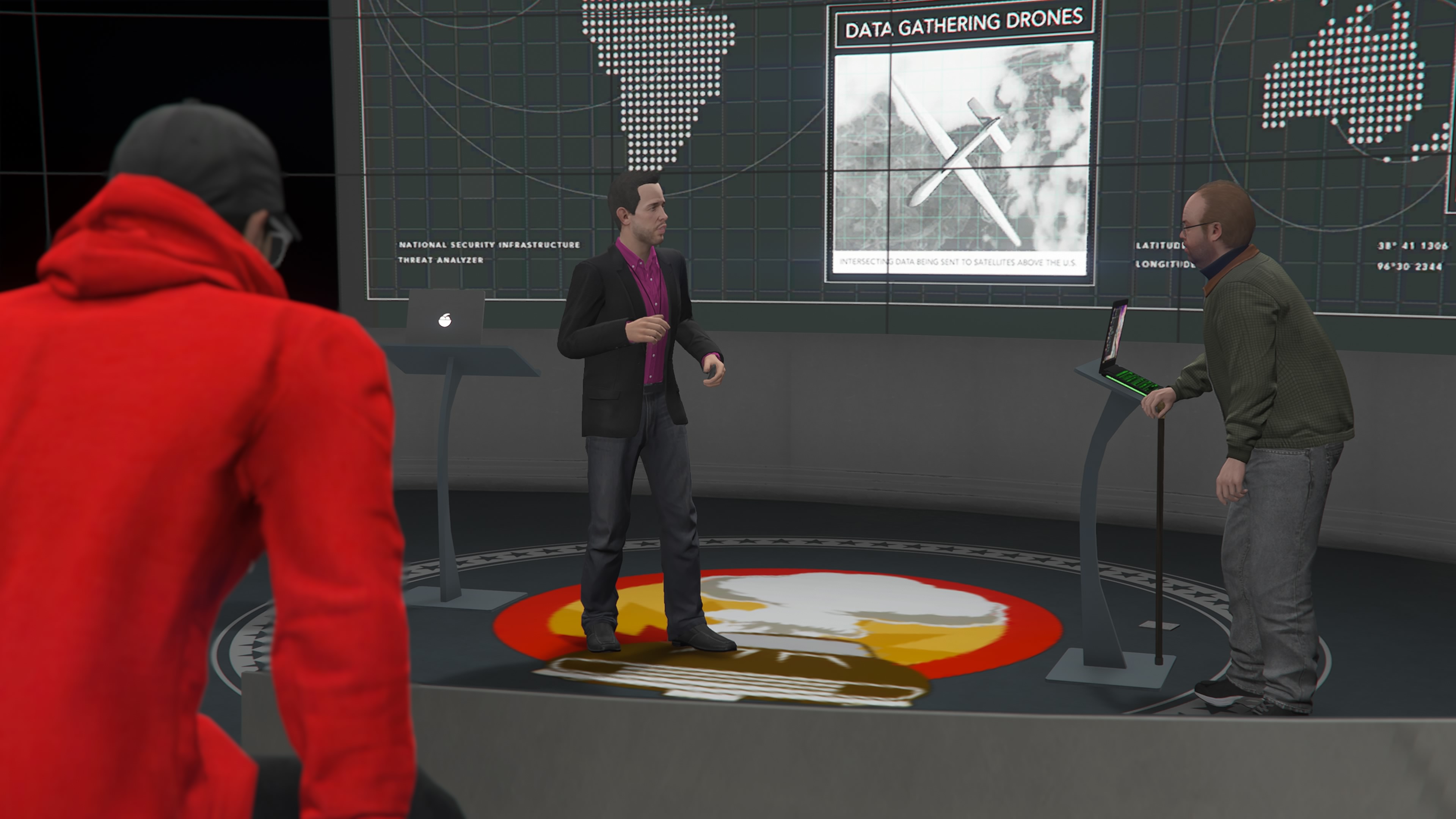 GTA Online three characters talking in a planning room