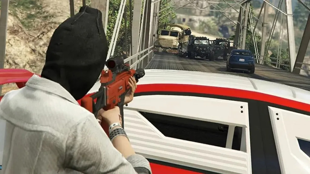 GTA Online player holding a rifle aiming at cars on a bridge