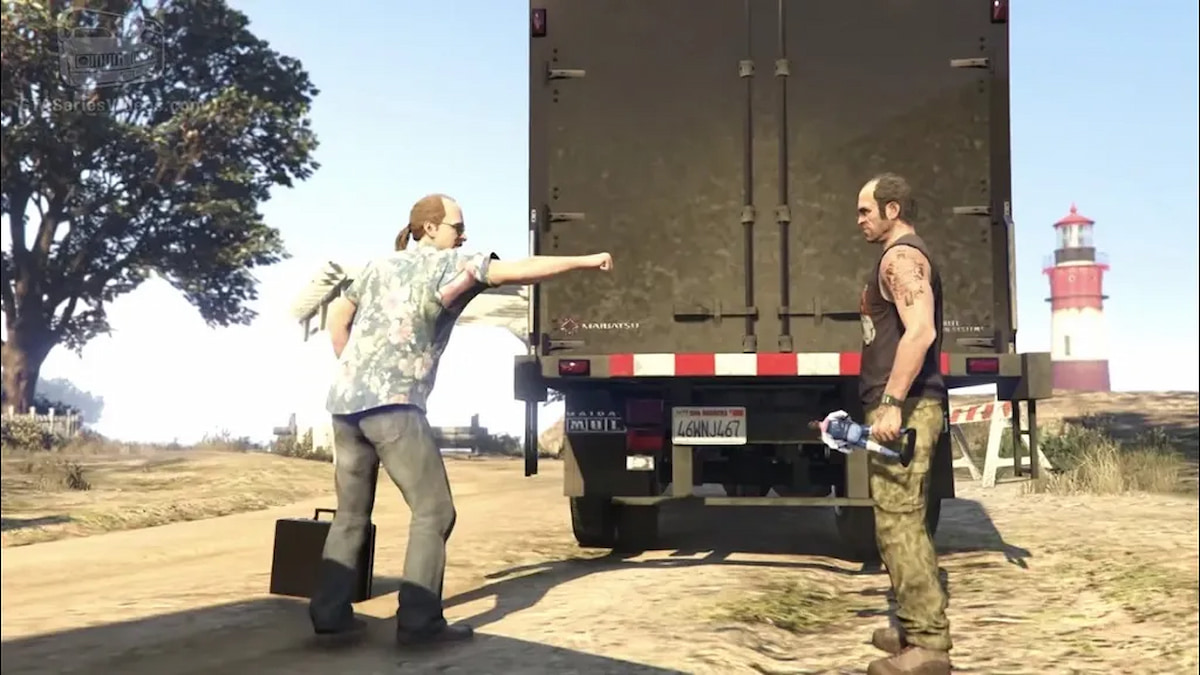 GTA Online Trevor looking angrily at another character who is trying to extend a fist bump