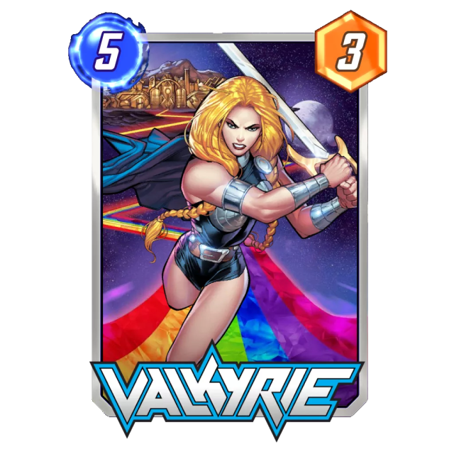 Valkyrie's card in Marvel Snap, costing five energy and boasting three Power.