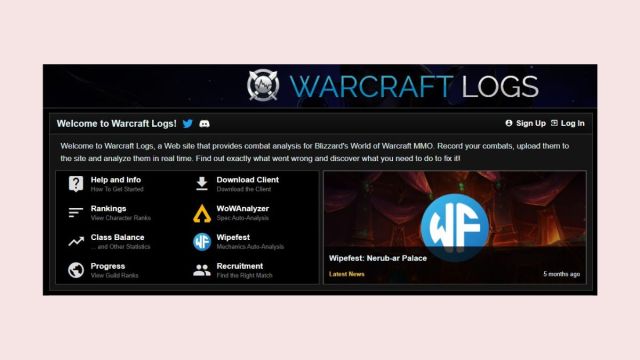 Screenshot of Warcraft Logs website on a pink background.