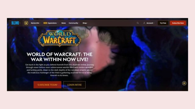 Screenshot of World of Warcraft website on a pink background.