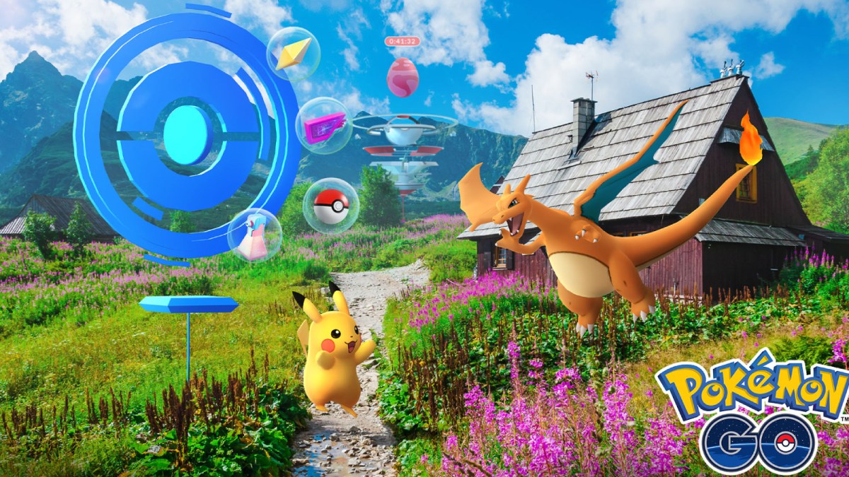 Pikachu and Charizard pose in front of a house in a grassy field in Pokémon Go.