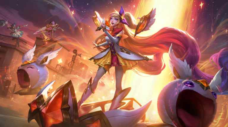 The official artwork of Star Guardian Seraphine, featuring the champion in a white outfit with orange highlights singing on her stage.