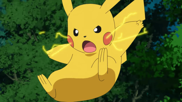 Pikachu with sparks coming from its cheeks in the Pokémon anime.