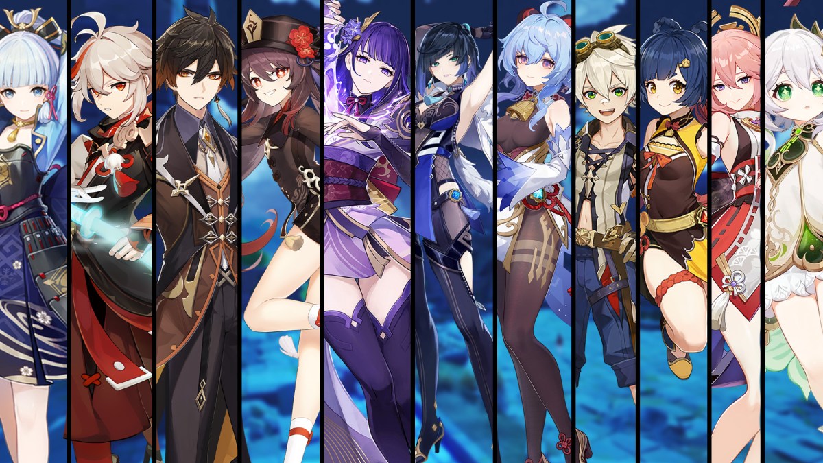 A lineup of Teyvat characters inlcuding Kamisato Ayaka, Kazuha, Zhongli, Hu Tao, Raiden Shogun, Yelan, Ganyu, Bennett, Xiangling, Yae Miko, and Nahida.