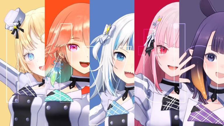 Hololive VTubers Amelia Watson, Takanashi Kiara, Gawr Gura, Mori Calliope, and Ninomae Ina'nis