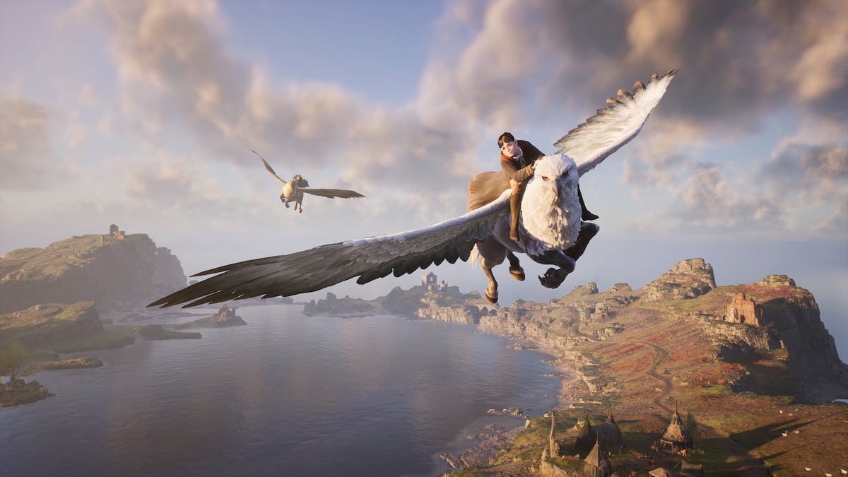 An image of the main character from Hogwarts Legacy flying on a Hippogriff, a mixture between a horse and an eagle.