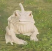 An image from Hogwarts Legacy of the Shiny Giant Purple Toad, which has a white coloring. 