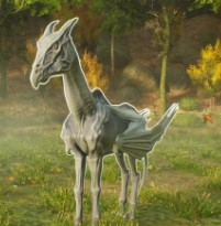 An image of the Shiny Thestral from Hogwarts Legacy, which has silver skin. 