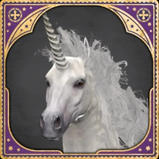 An image of the Unicorn from Hogwarts Legacy. This horse has white fur and a horn on its forehead.