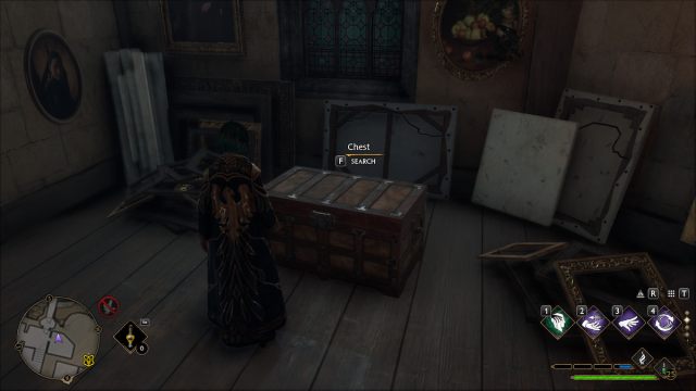 Looking at a chest in the Argyllshire room in Hogwarts Legacy.