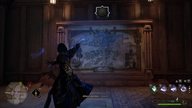 A player in a long blue and gold robe casting Depulso on a button above a map of Argyllshire in Hogwarts Legacy.